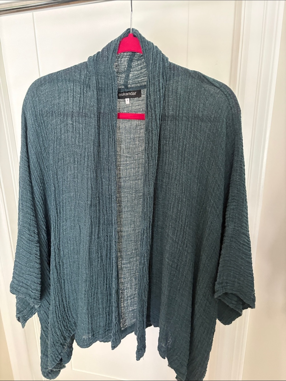 eskandar Draped Open-Front Cardigan in Teal Blue